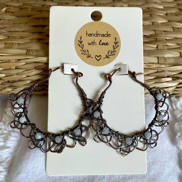 Blue Lace Agate Handcrafted Copper “Lace” Hoop Earrings - Picture 3 of 8